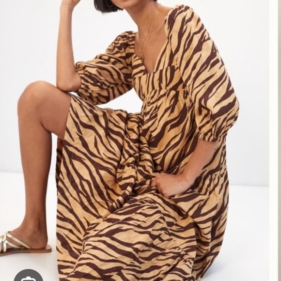 Anthropologie Tan & Brown Bustier Zebra Stripe Puff Sleeve Tiered Midi Dress S